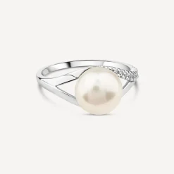 9ct White Gold Freshwater Pearl Cubic Zirconia Set Split Shoulders Ring