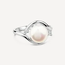 9ct White Gold Freshwater Pearl Cubic Zirconia Sides Ring