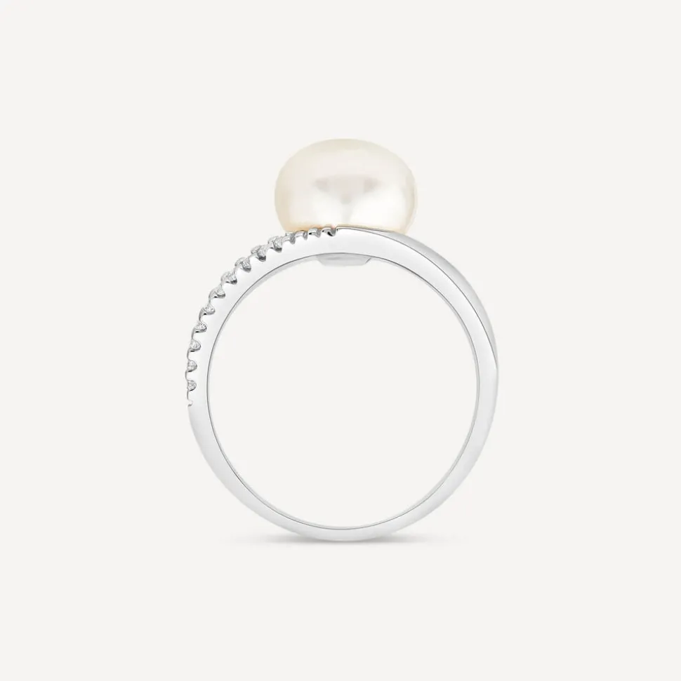 9ct White Gold Freshwater Pearl Cubic Zirconia Set Split Shoulders Ring