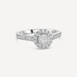 18ct White Gold Illusion Set 0.50ct Diamond Halo and Shoulders Ring