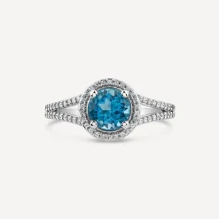 9ct White Gold London Blue Topaz & 0.16ct Round Halo Diamond Split Shoulders Ring