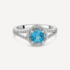 9ct White Gold London Blue Topaz & 0.16ct Round Halo Diamond Split Shoulders Ring