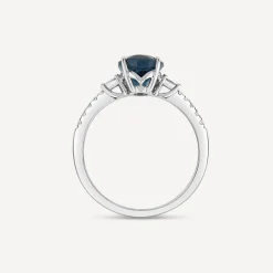 9ct White Gold London Blue Topaz & 0.12ct Tapered Baguette Diamond Sides Ring
