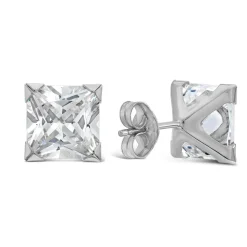9ct White Gold 8MM Princess Cut Cubic Zirconia Stud Earrings