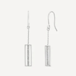 9ct White Gold Open Rectangle Cubic Zirconia Centre Bar Drop Earrings