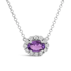 9ct White Gold Oval Amethyst 0.05ct Diamond Cluster Necklet