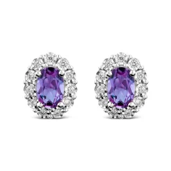 9ct White Gold Oval Amethyst 0.05ct Diamond Cluster Stud Earrings
