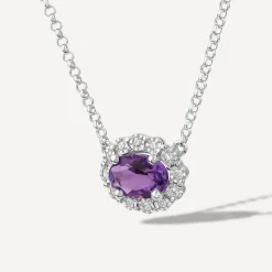 9ct White Gold Oval Amethyst 0.05ct Diamond Cluster Necklet