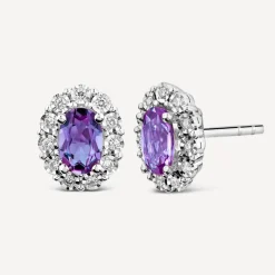 9ct White Gold Oval Amethyst 0.05ct Diamond Cluster Stud Earrings