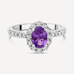 9ct White Gold Oval Amethyst 0.013ct Cluster Diamond Shoulders Ring