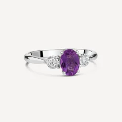 9ct White Gold Oval Amethyst 0.12ct Diamond Sides Ring