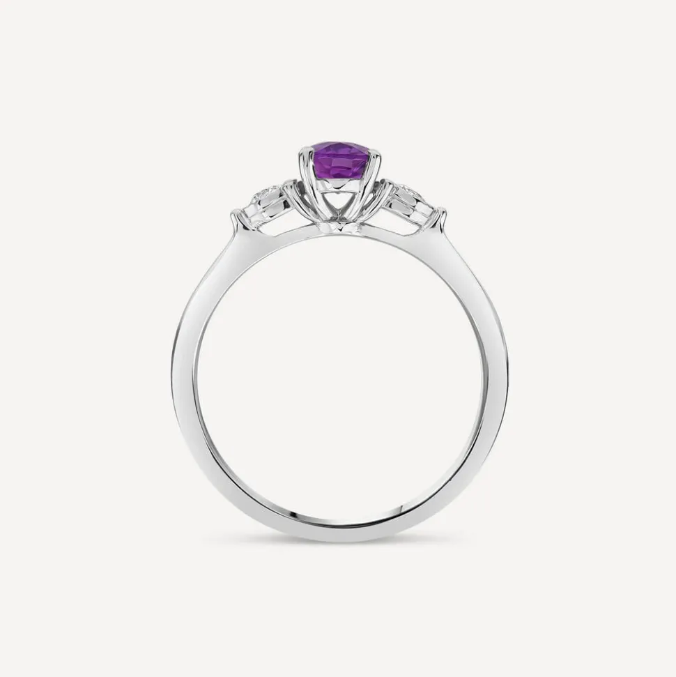 9ct White Gold Oval Amethyst 0.12ct Diamond Sides Ring