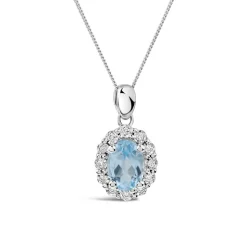 9ct White Gold Oval Blue Topaz 0.05ct Diamond Cluster Pendant