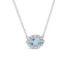 9ct White Gold Oval Blue Topaz 0.05ct Diamond Halo Necklet