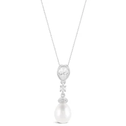 9ct White Gold Oval Freshwater Pearl Cubic Zirconia Round & Pear Top Pendant (Chain Included)