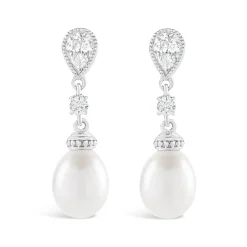 9ct White Gold Oval Freshwater Pearl and Cubic Zirconia Round and Pear Top Drop Earrings