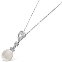 9ct White Gold Oval Freshwater Pearl Cubic Zirconia Round & Pear Top Pendant (Chain Included)