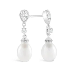 9ct White Gold Oval Freshwater Pearl and Cubic Zirconia Round and Pear Top Drop Earrings