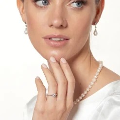 9ct White Gold Oval Freshwater Pearl and Cubic Zirconia Round and Pear Top Drop Earrings