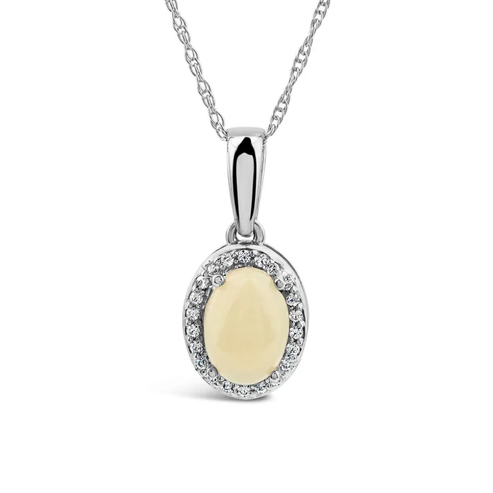 9ct White Gold Oval Opal & 0.06ct Diamond Halo Pendant