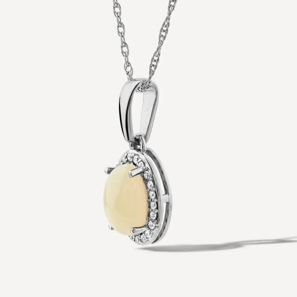 9ct White Gold Oval Opal & 0.06ct Diamond Halo Pendant
