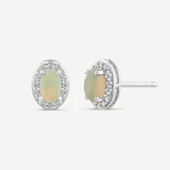 9ct White Gold Oval Opal & 0.10ct Diamond Halo Stud Earrings