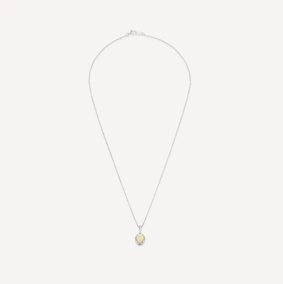 9ct White Gold Oval Opal & 0.06ct Diamond Halo Pendant