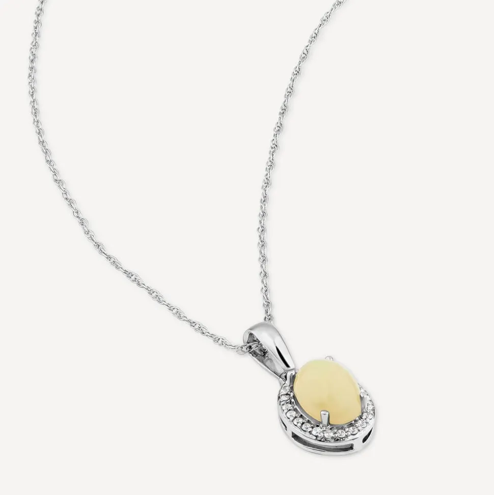 9ct White Gold Oval Opal & 0.06ct Diamond Halo Pendant