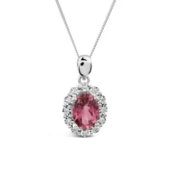 9ct White Gold Oval Pink Tourmaline Centre 0.05ct Diamond Cluster Pendant