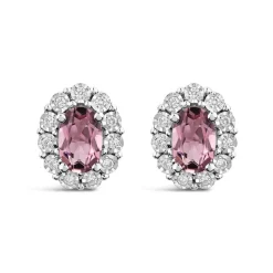 9ct White Gold Oval Pink Tourmaline 0.05ct Diamond Cluster Stud Earrings