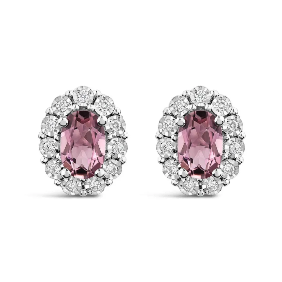 9ct White Gold Oval Pink Tourmaline 0.05ct Diamond Cluster Stud Earrings