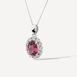 9ct White Gold Oval Pink Tourmaline Centre 0.05ct Diamond Cluster Pendant