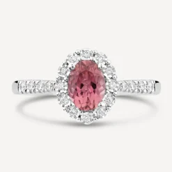 9ct White Gold Oval Pink Tourmaline Centre 0.13ct Diamond Cluster & Shoulders Ring