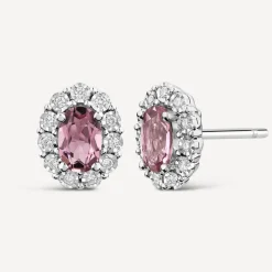 9ct White Gold Oval Pink Tourmaline 0.05ct Diamond Cluster Stud Earrings