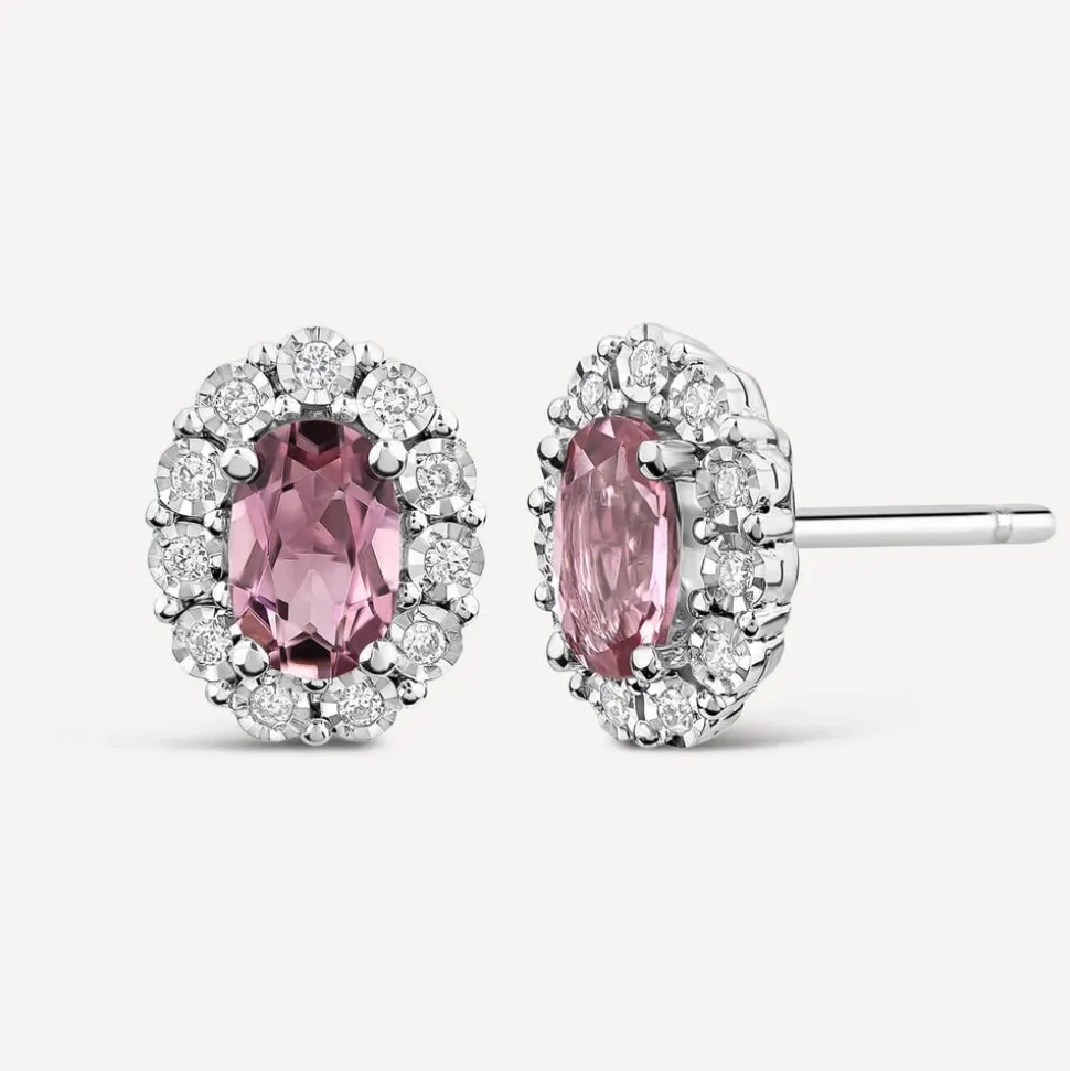 9ct White Gold Oval Pink Tourmaline 0.05ct Diamond Cluster Stud Earrings