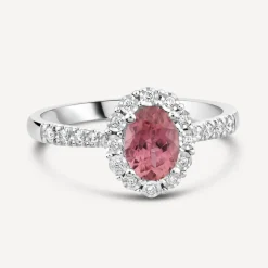 9ct White Gold Oval Pink Tourmaline Centre 0.13ct Diamond Cluster & Shoulders Ring