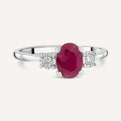 9ct White Gold Oval Ruby & 0.05ct Diamond Sides Ring