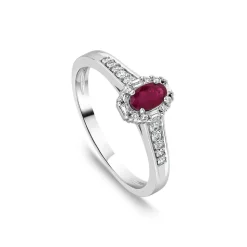 9ct White Gold Oval Ruby Centre 0.15ct Diamond Halo & Shoulders Ring