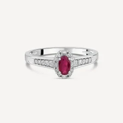 9ct White Gold Oval Ruby Centre 0.15ct Diamond Halo & Shoulders Ring