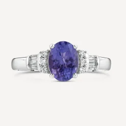 9ct White Gold Oval Tanzanite Centre 0.15ct Diamond Round & Baguette Shoulders Ring