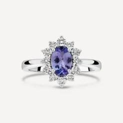 9ct White Gold Oval Tanzanite Centre Diamond Cluster Ring