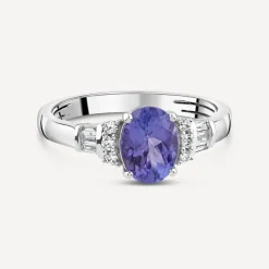 9ct White Gold Oval Tanzanite Centre 0.15ct Diamond Round & Baguette Shoulders Ring