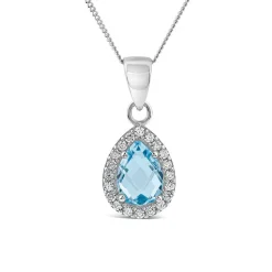9ct White Gold Pear Blue Topaz & Cubic Zirconia Pendant (Chain Included)
