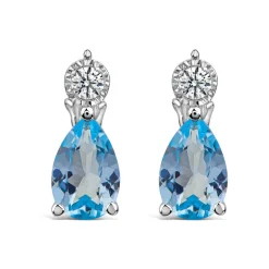 9ct White Gold Pear Blue Topaz & Diamond Top Drop Earrings