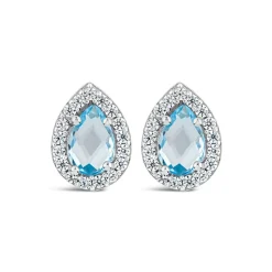 9ct White Gold Pear Blue Topaz & Cubic Zirconia Stud Earrings