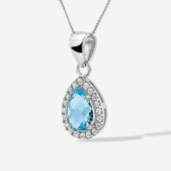 9ct White Gold Pear Blue Topaz & Cubic Zirconia Pendant (Chain Included)