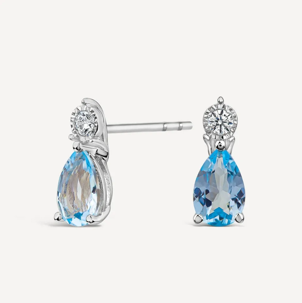 9ct White Gold Pear Blue Topaz & Diamond Top Drop Earrings