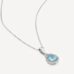 9ct White Gold Pear Blue Topaz & Cubic Zirconia Pendant (Chain Included)