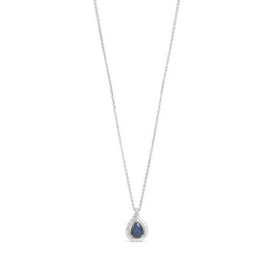 9ct White Gold Pear Created Sapphire in Tear with Diamond Set Edge Pendant