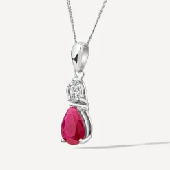9ct White Gold Pear Ruby & Diamond Top Pendant